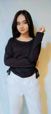 DRAWSTRING RUCHED SOLID FULL SLEEVE TEE-BLACK